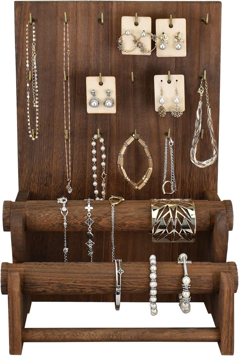 Ikee Design 18 Hooks and 2 Removable Bars Wood Jewelry Holder Organizer Stand, Earring Bracelet Jewelry Display Stand Organizer, Necklace Bracelet Holder, Brown Color - Image 4